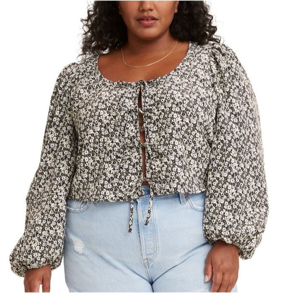 Levi’s Blouse Embry Front Tie Top Sheer Black White Floral Blouse Plus Size 3XL